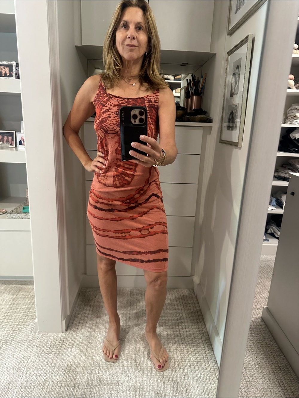 Raquel Allegra Coral and Rust Patterned Midi Dress